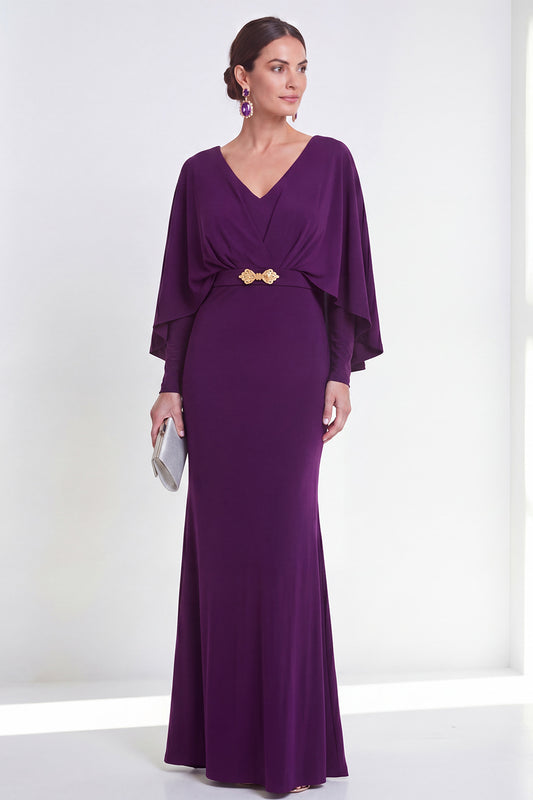 Purple Maxi Mermaid V-Neck Ruched Beaded Wedding Guest Dress