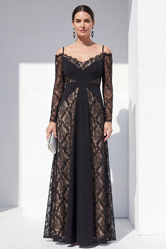 Black Spaghetti Straps Maxi Lace A Line Formal Dress with Sleeves