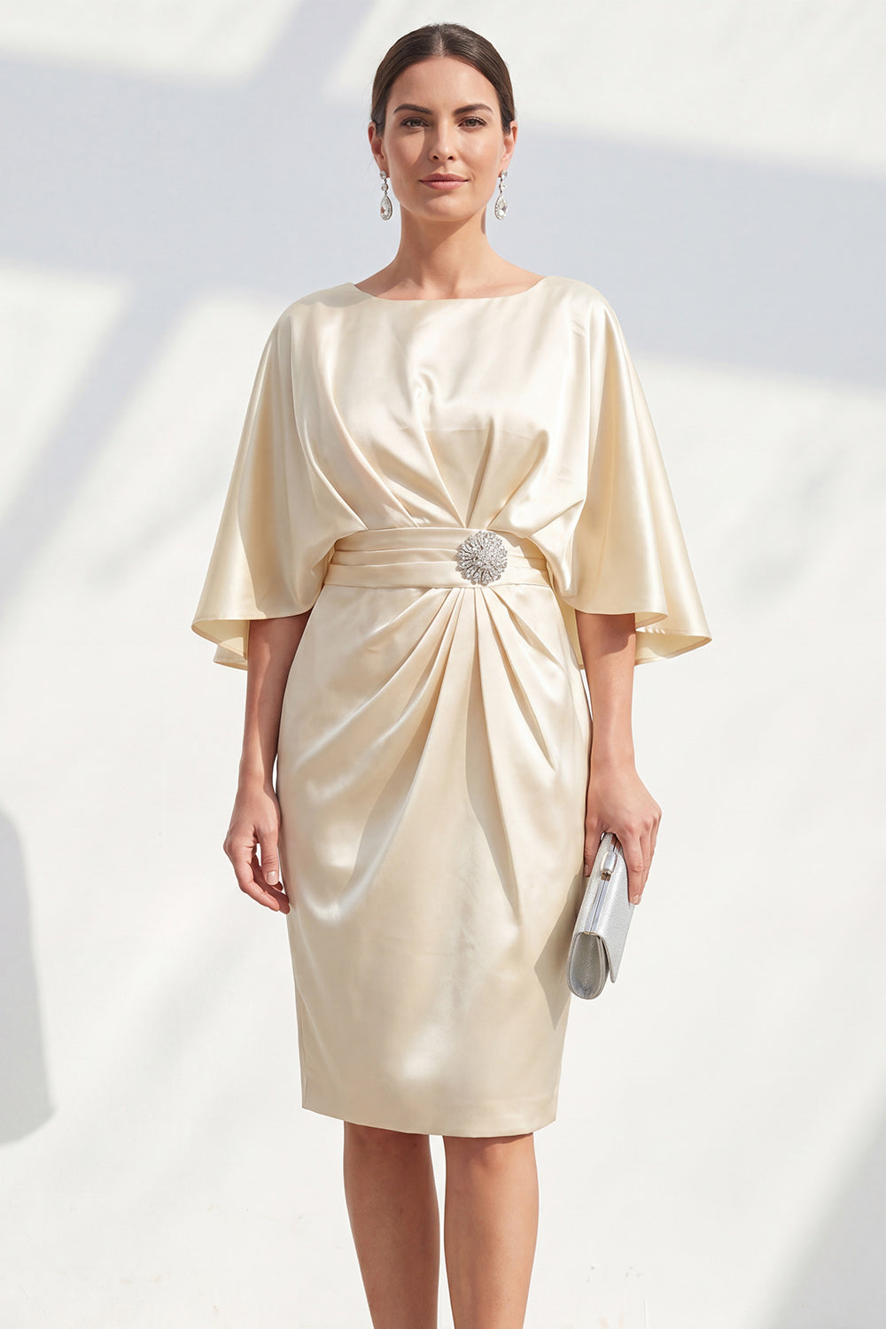 Zapakasa Women Midi Champagne Wedding Guest Dress Bodycon Ruched Boat Neck Beaded Semi Formal Dress Zapakasa Women Midi Champagne Wedding Guest Dress Bodycon Ruched Boat Neck Beaded Semi Formal Dress