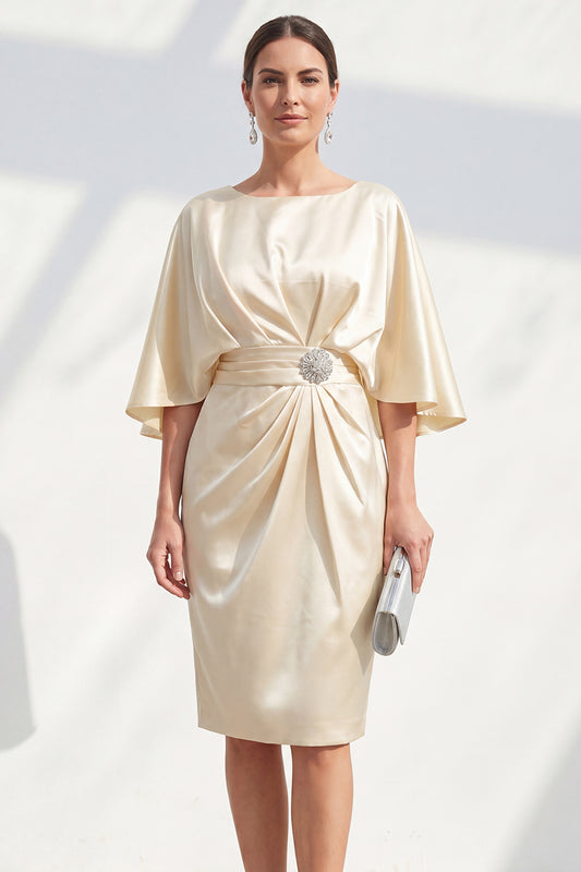 Boat Neck Champagne Bodycon Midi Ruched Wedding Guest Dress