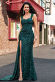 Sparkly Dark Green Sheath Sequin Pleated Long Prom Dress with Slit Sparkly Dark Green Sheath Sequin Pleated Long Prom Dress with Slit