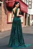 Sparkly Dark Green Sheath Sequin Pleated Long Prom Dress with Slit Sparkly Dark Green Sheath Sequin Pleated Long Prom Dress with Slit