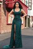 Sparkly Dark Green Sheath Sequin Pleated Long Prom Dress with Slit Sparkly Dark Green Sheath Sequin Pleated Long Prom Dress with Slit