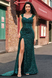 Sparkly Dark Green Sheath Sequin Pleated Long Prom Dress with Slit Sparkly Dark Green Sheath Sequin Pleated Long Prom Dress with Slit
