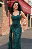 Sparkly Dark Green Sheath Sequin Pleated Long Prom Dress with Slit Sparkly Dark Green Sheath Sequin Pleated Long Prom Dress with Slit