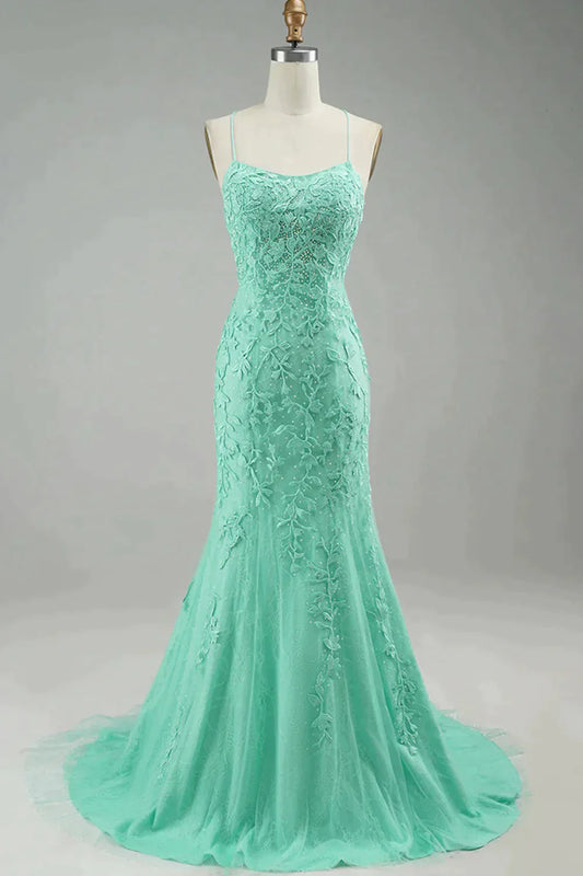 Mint Mermaid Prom Dress Spaghetti Straps Backless Evening Dress with Appliques