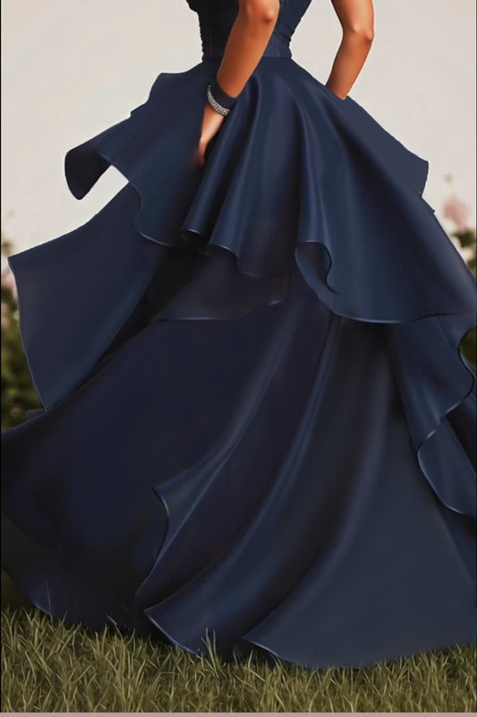 A Line Sweetheart Ruffled Navy Prom Dress with Front Slit
