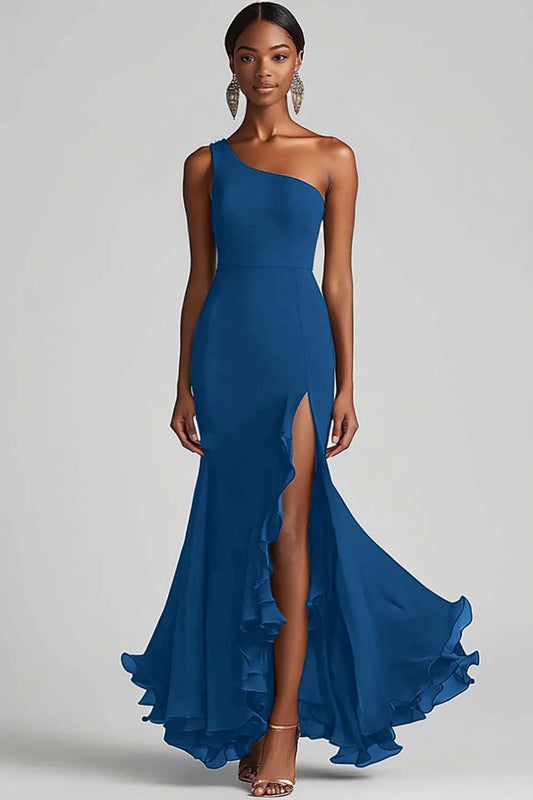 Ink Blue Mermaid Ruffled Chiffon One Shoulder Long Formal Dress with Slit