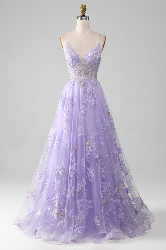 Sequins Purple Prom Dress with Embroidery A-Line Tulle Spaghetti Straps Party Dress