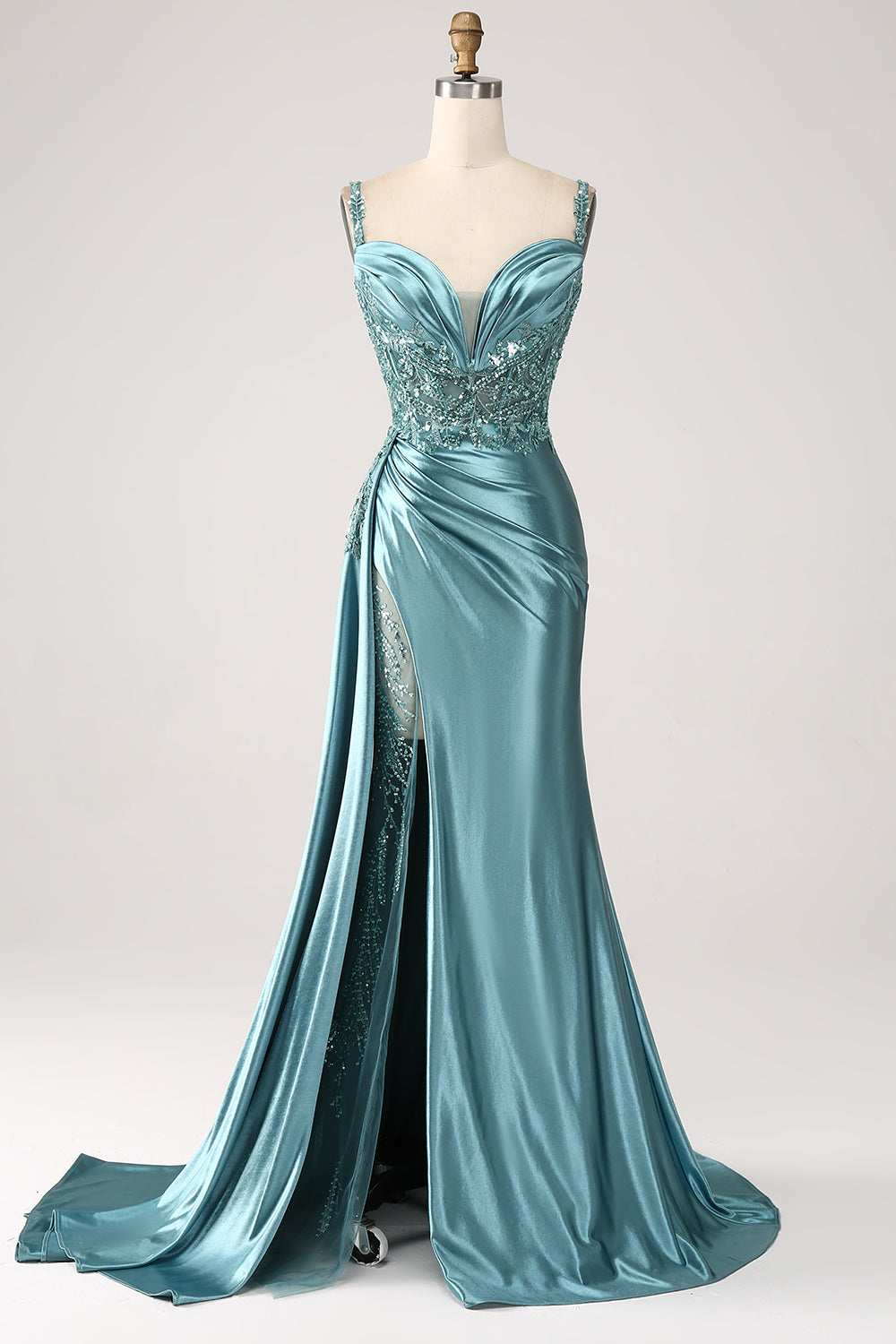 ZAPAKA Women Sparkly Champagne Long Prom Dress Mermaid Watteau Train Spaghetti Straps Corset Satin Evening Dress with Slit, Blue / US16