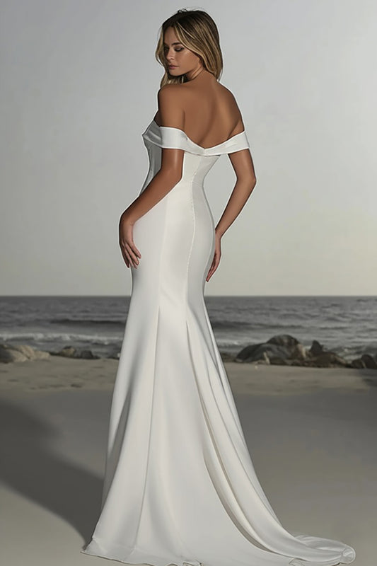 Satin Ruched Off the Shoulder Mermaid Ivory Wedding Dress with Slit