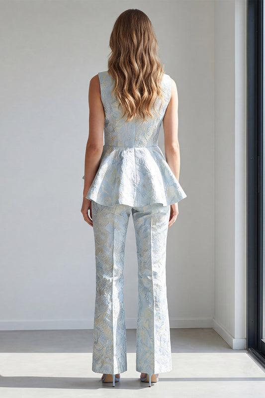 2 Piece Light Blue Jacquard Double Breasted Shawl Lapel Work Suits