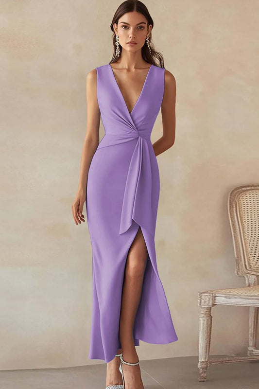 Lilac Satin Sheath Deep V-Neck Long Ruched Work Dress with Slit