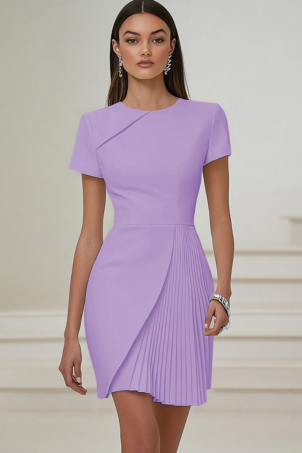 Dusty Blue Bodycon Round Neck Satin Work Dress with Short Sleeves Dusty Blue Bodycon Round Neck Satin Work Dress with Short Sleeves