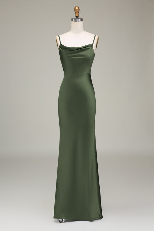 Olive Satin Sheath Spaghetti Straps Long Bridesmaid Dress