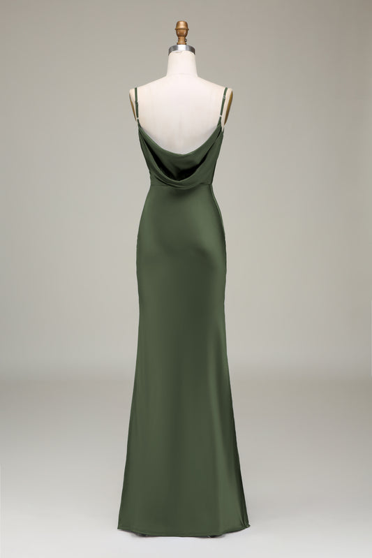 Olive Satin Sheath Spaghetti Straps Long Bridesmaid Dress