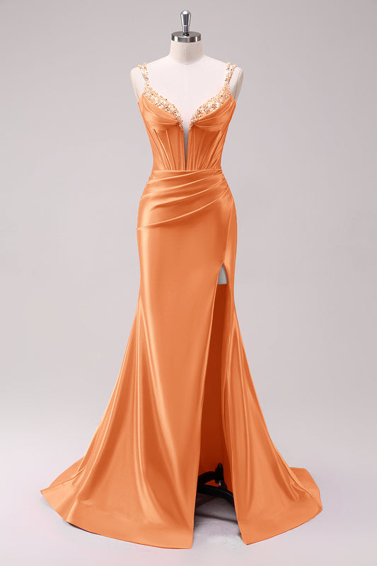 Orange Corset Sequined Long Prom Dress with Slit Lace-Up Back Spaghetti Straps Evening Dress