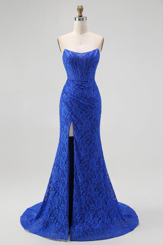 Royal Blue Sweetheart Mermaid Lace Long Corset Prom Dress with Slit