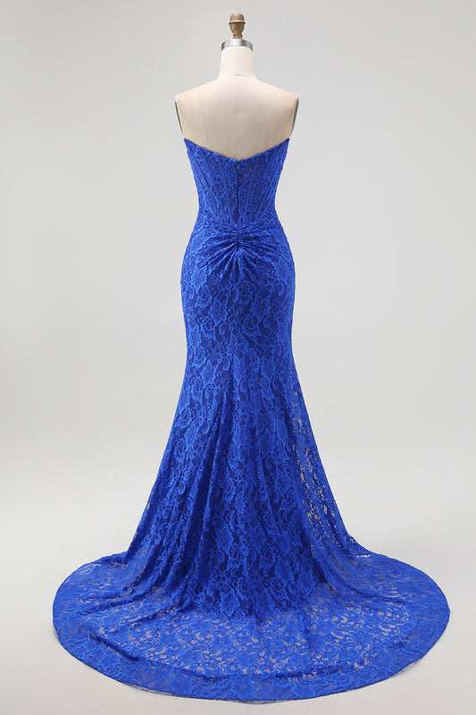 Royal Blue Sweetheart Mermaid Lace Long Corset Prom Dress with Slit