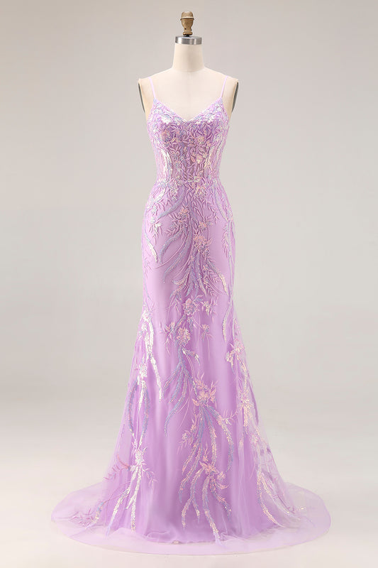 Sparkly Purple Mermaid Floral Lace Long Prom Dress