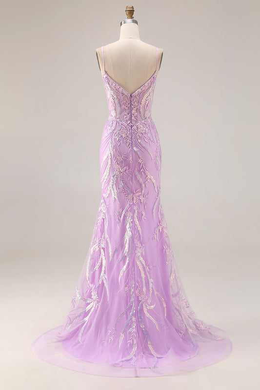 Sparkly Purple Mermaid Floral Lace Long Prom Dress