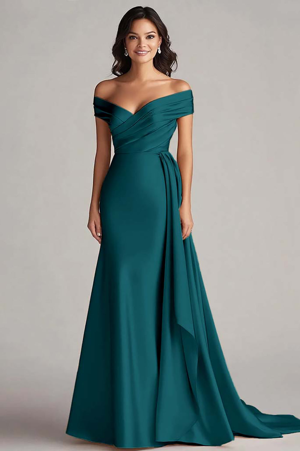 Zapakasa Women Peacock Satin Long Mermaid Formal Dress Off the Shoulder Ruched Mother of the Bride Dress