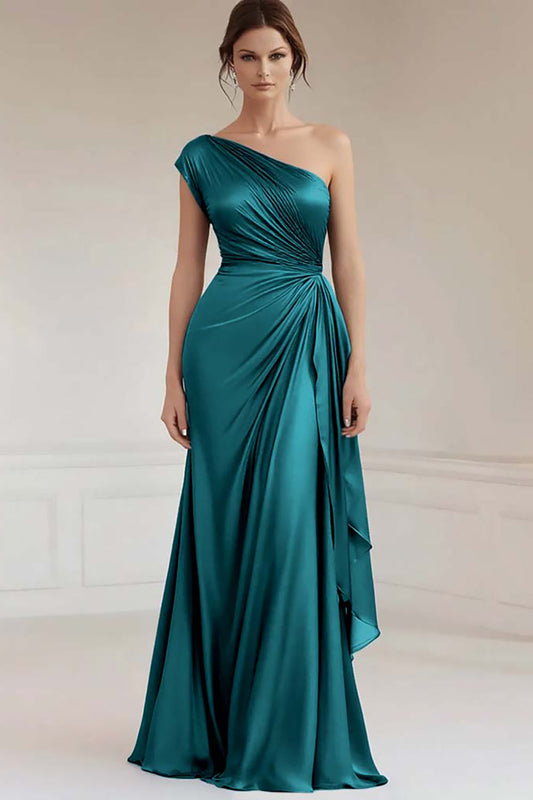 Peacock Sheath Ruched Satin One Shoulder Long Formal Dress