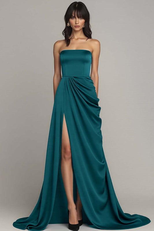 Peacock Strapless A Line Long Satin Formal Dress with Slit