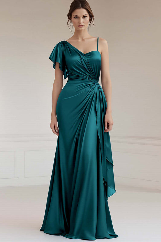 Peacock Sheath Satin Long Ruched Formal Dress