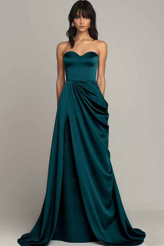 Peacock Satin A Line Long Strapless Formal Dress with Slit