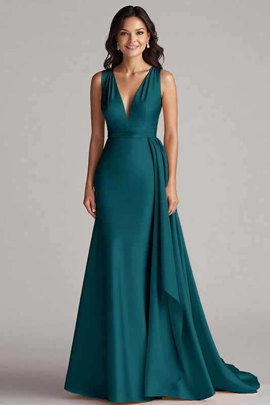 Peacock Deep V-Neck Mermaid Long Satin Formal Dress