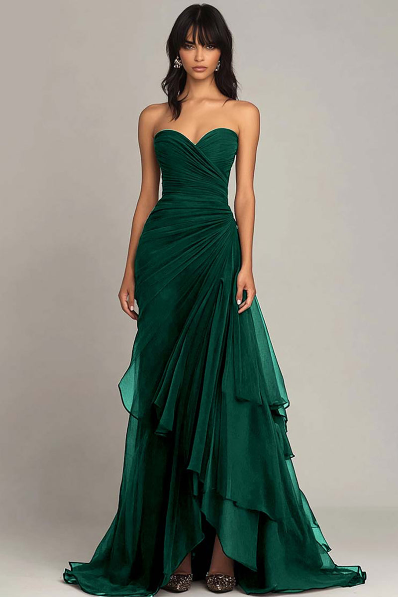 Pine Sweetheart Ruched Ruffled Formal Dress Strapless Mermaid Black Tie Wedding Guest Dress Pine Sweetheart Ruched Ruffled Formal Dress Strapless Mermaid Black Tie Wedding Guest Dress
