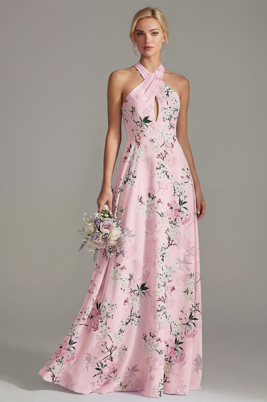Halter Keyhole Pink Floral A Line Long Bridesmaid Dress
