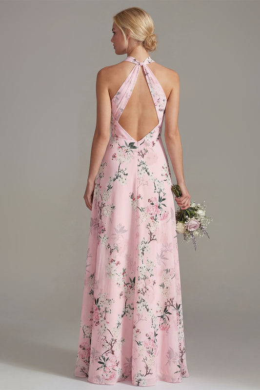 Halter Keyhole Pink Floral A Line Long Bridesmaid Dress