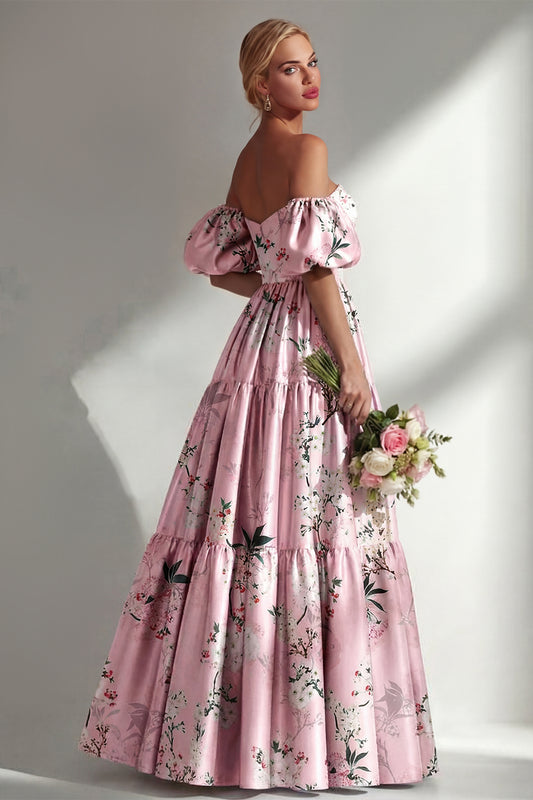 Puff Sleeves Pink Floral A Line Strapless Ruched Long Bridesmaid Dress