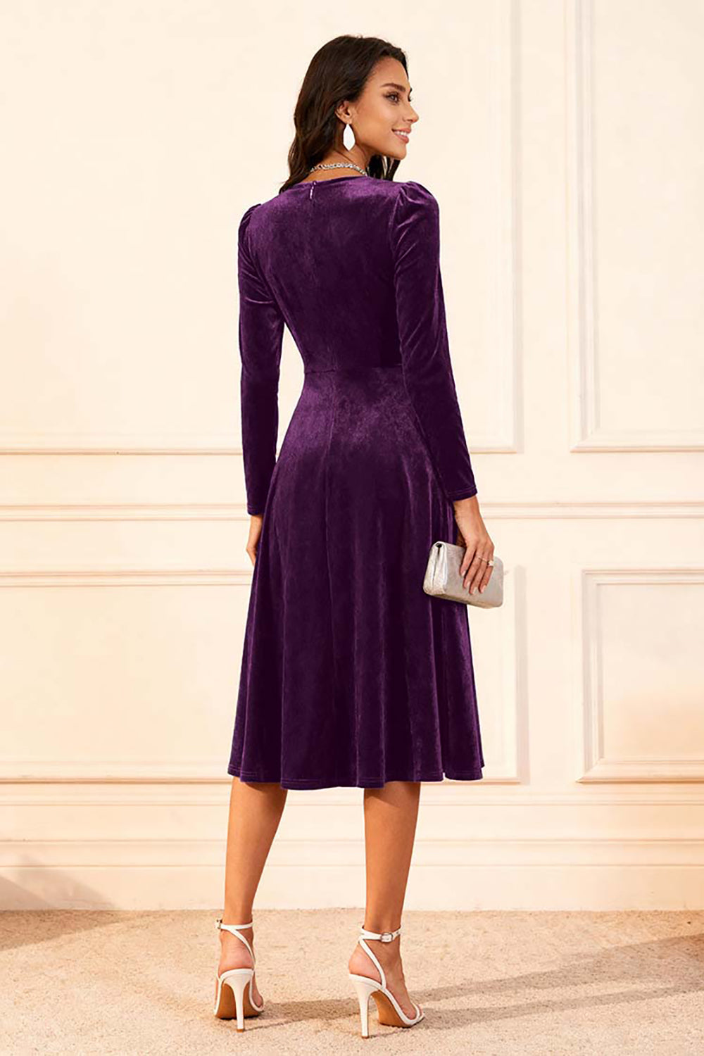 Dark Green A Line Velvet Midi Glitter Holiday Party Dress with Sleeves Dark Green A Line Velvet Midi Glitter Holiday Party Dress with Sleeves