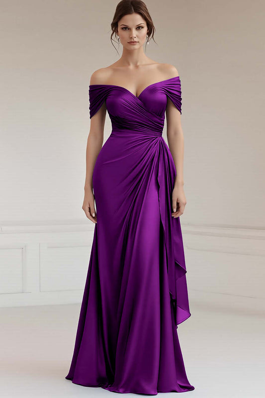 Peacock Satin Off the Shoulder Long Sheath Formal Dress