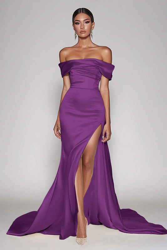 Cabernet Satin Off the Shoulder Long Sheath Prom Dress with Slit