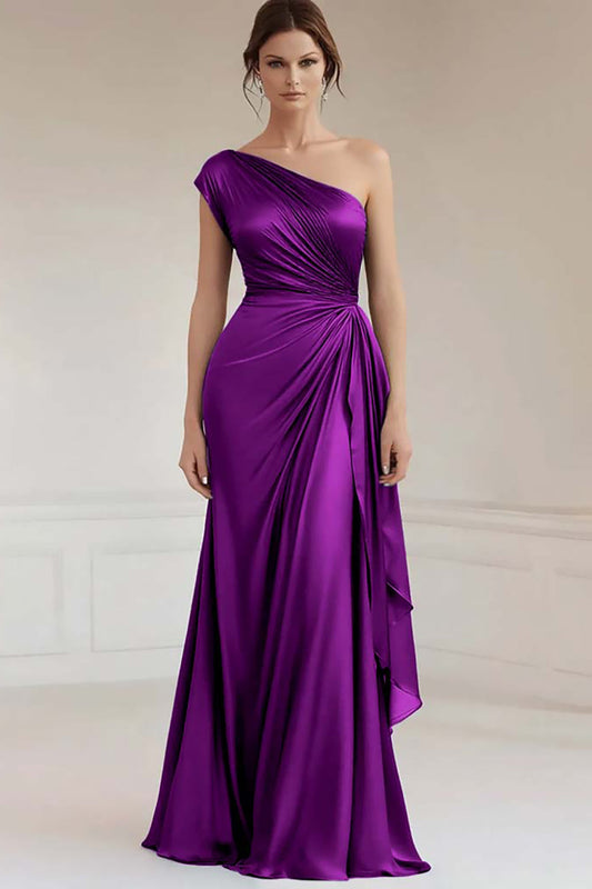 Peacock Sheath Ruched Satin One Shoulder Long Formal Dress