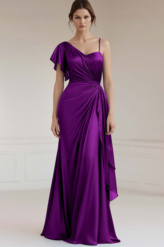 Peacock Sheath Satin Long Ruched Formal Dress