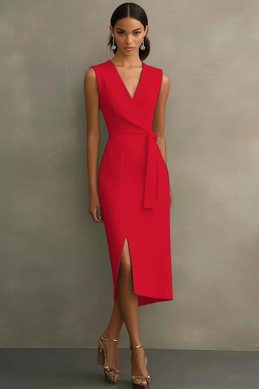 Dusty Rose Satin V-Neck Midi Formal Dress with Belt