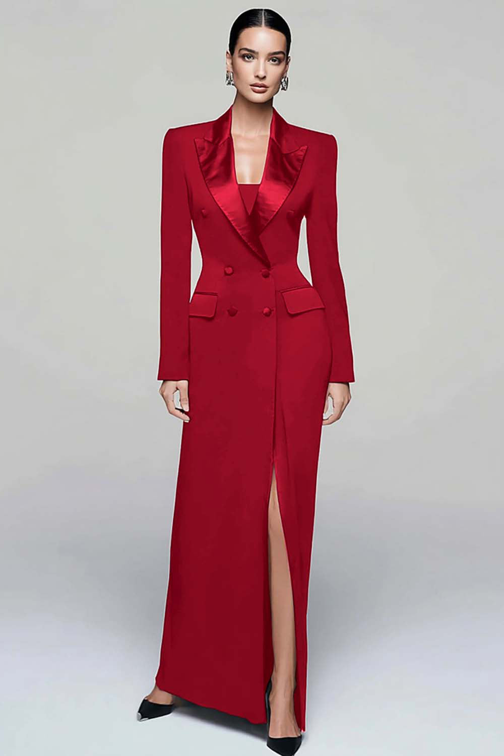 Black Pencil Peak Lapel Double Breasted Long Blazer Dress with Sleeves Black Pencil Peak Lapel Double Breasted Long Blazer Dress with Sleeves