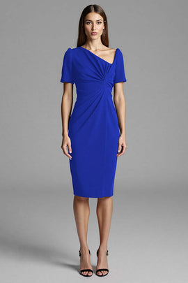 Royal Blue Bodycon Satin Asymmetrical Neck Midi Work Dress with Sleeves