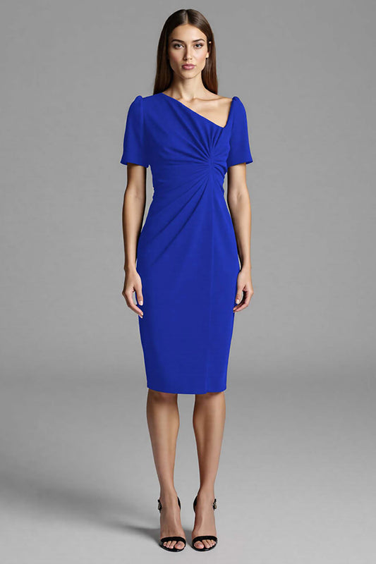 Royal Blue Bodycon Satin Asymmetrical Neck Midi Work Dress with Sleeves