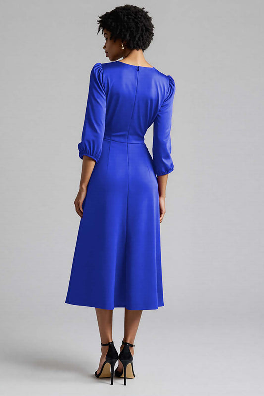 Royal Blue Satin Midi A Line Work Dress with Sleeves