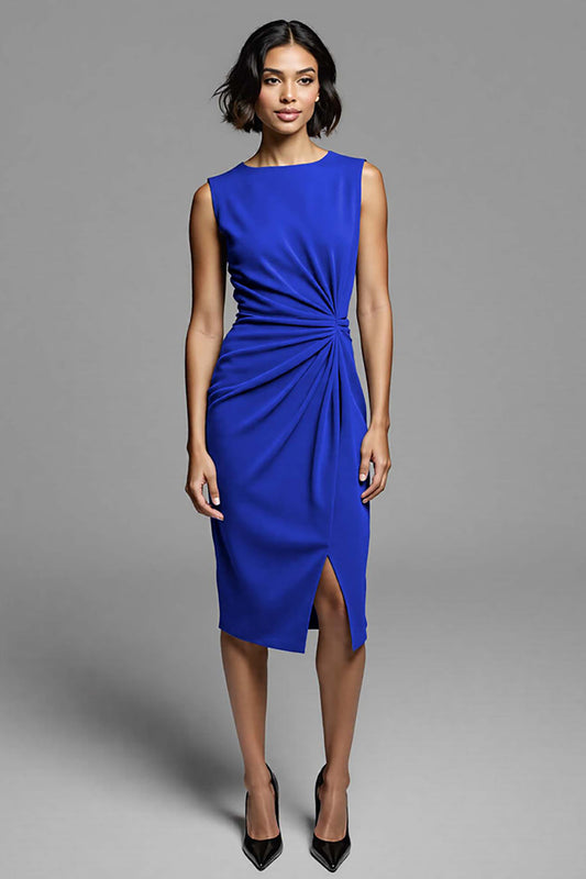 Royal Blue Satin Bodycon Midi Ruched Work Dress with Slit