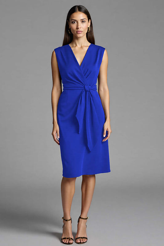 Royal Blue Satin Bodycon Ruched V-Neck Midi Work Dress