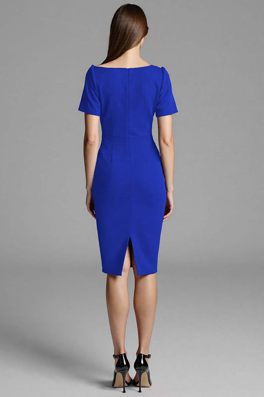 Royal Blue Bodycon Satin Asymmetrical Neck Midi Work Dress with Sleeves