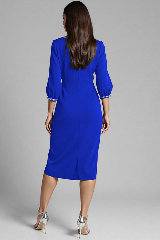 Royal Blue Satin Bodycon Midi V-Neck Work Dress with Sleeves