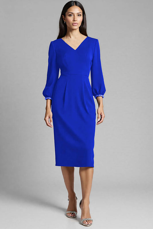 Royal Blue Satin Bodycon Midi V-Neck Work Dress with Sleeves